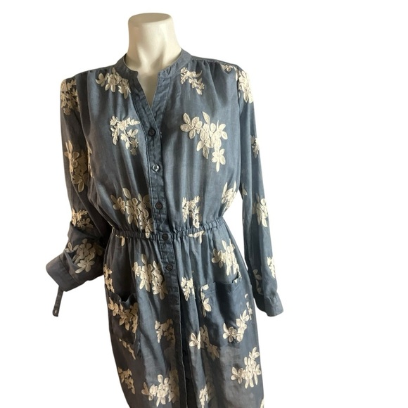 New York & Company Embroidered Floral Gauzy Denim Blue and White Dress - Picture 7 of 14